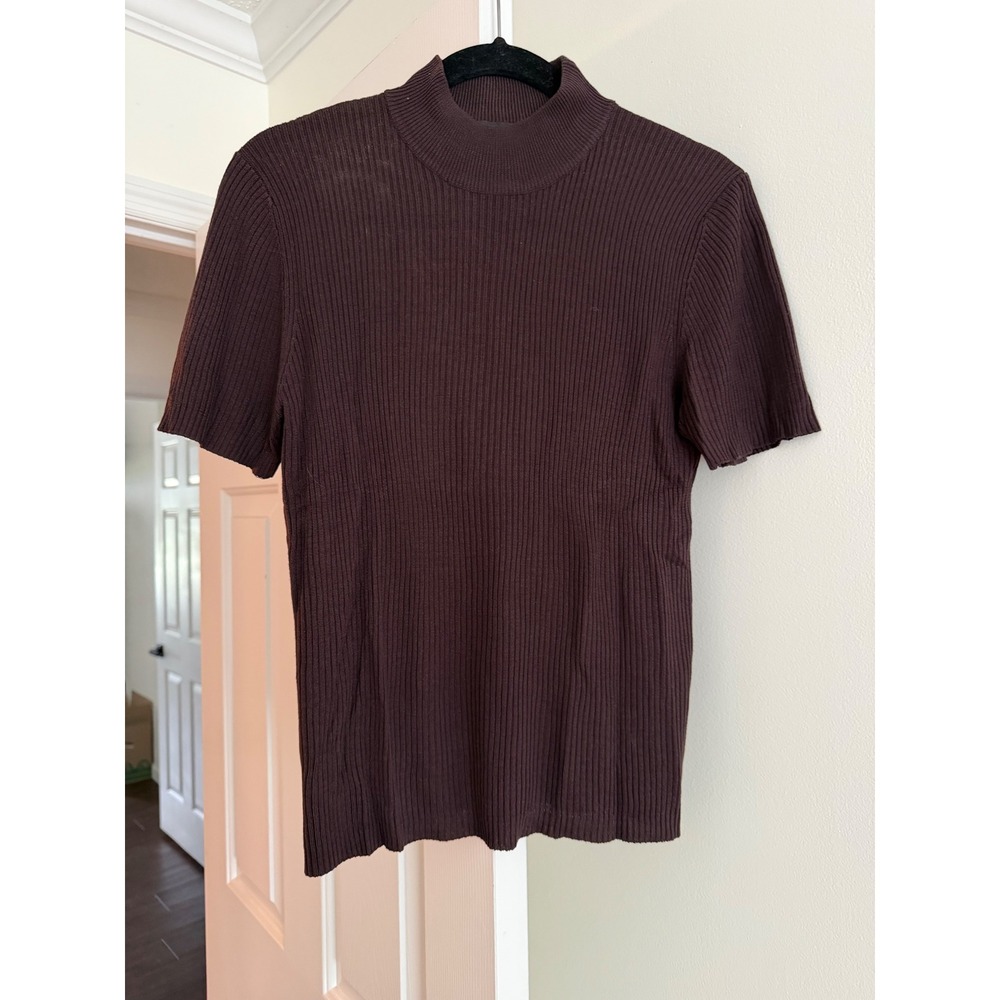 Cable & Gauge Chocolate Brown 100% Silk Ribbed Mock Neck Short Sleeve Sweater M